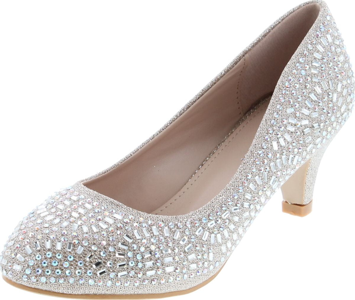 Forever Link Jemma-31 Womens Almond Toe Med Low Kitten Heel Jeweled Rhinestone Crystal Slide Slip On Pump Shoes, Gold, 6.5