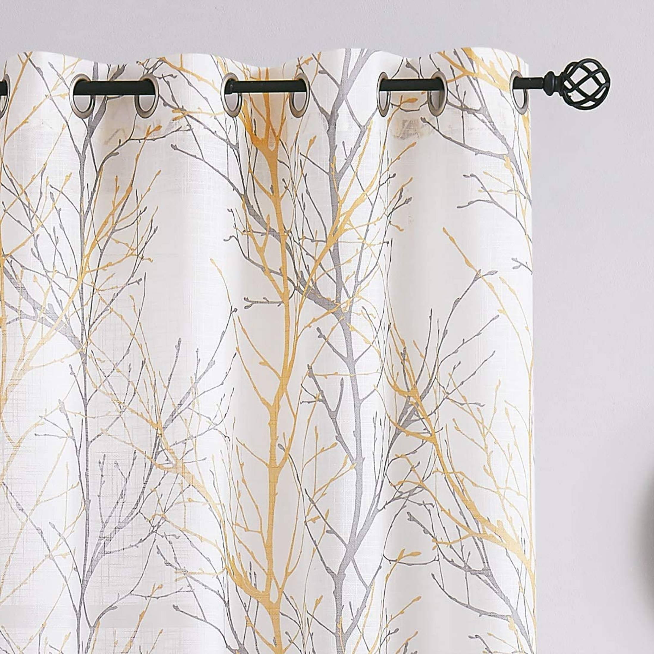 Decoultimatex White Semi Sheer Curtains Yellow Grey Branches Printing on Linen Textured White Window Treatment Panels for Living Room Bedroom Drapes, 50"x96"x2
