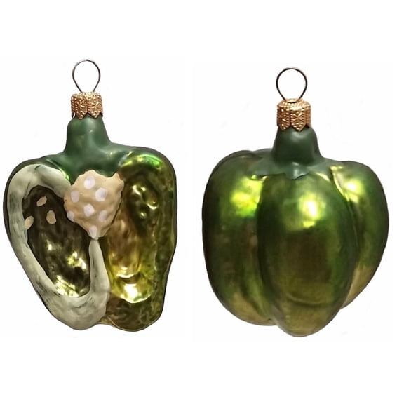 Half of a Green Bell Pepper Polish Glass Christmas Ornament Set of 2 Decorations