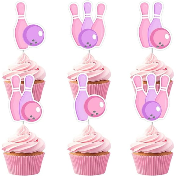 24Pcs Bowling Cupcake Toppers for Girls, Bowling Ball Cake Decorations Pink and Purple, Sports Ball Theme Birthday Baby Shower Party Supplies