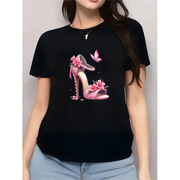 Elegant High Heel Flower Butterfly Print Stretchy Summer Top T-Shirt G257, up to Size 5XL