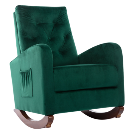 Baby Room High Back Rocking Chair Nursery Chair   Comfortable Rocker Fabric Padded Seat  Modern High Back Armchair Green + Velvet
