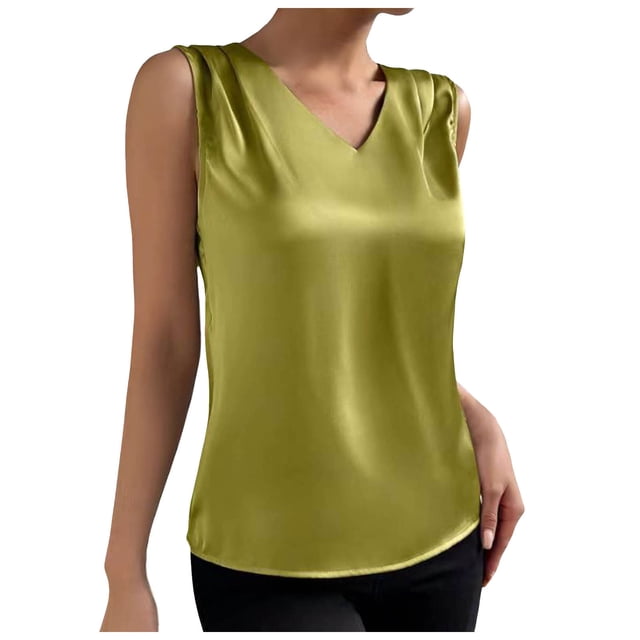Débardeur d'Été pour Femmes Col en V Décontracté Couleur Unie Satin Sans Manches Basique