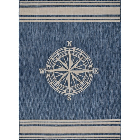 Laddha Home Designs 5.25' x 7' Navy and Beige Nautical Navigation Rectangular Outdoor Area Throw Rug