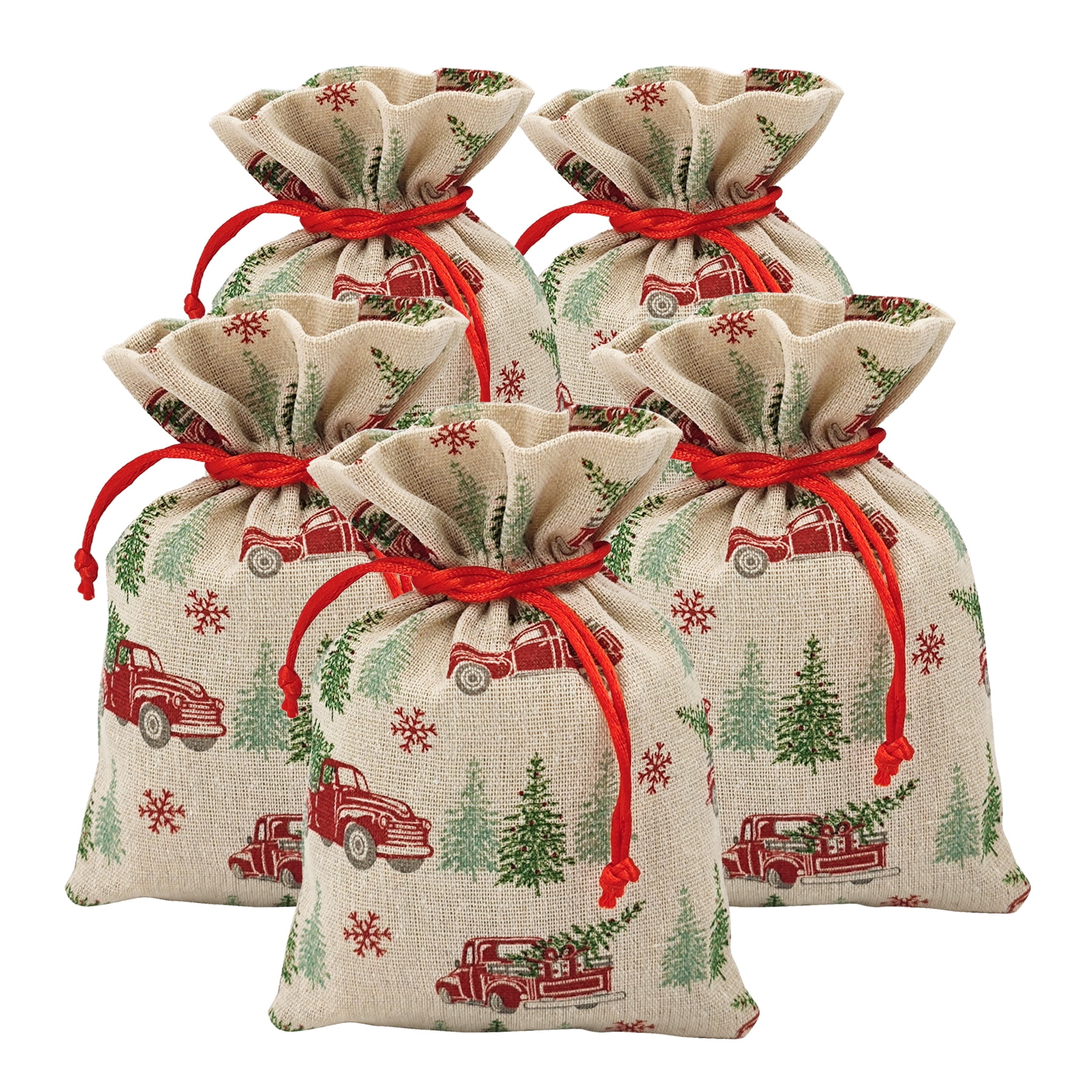 Holiday Time 5 Compte Multi couleur sacs de tissu camion modèle avec cordon 5 "par 7" pour le stockage des emballages de Noël 5CT TRUCK - FRENCH