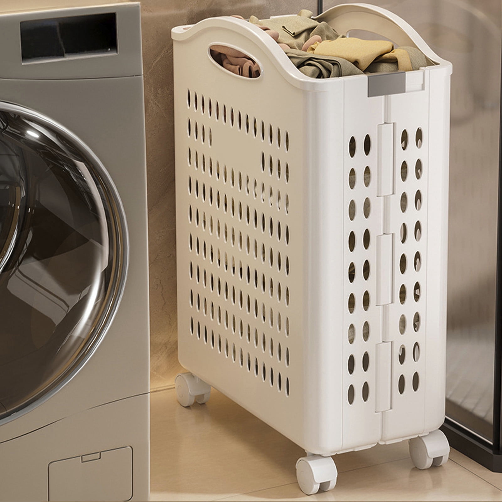 Upgraded Rolling Laundry Hamper with Wheels, Slim Design, White Plastic Storage Basket with Handles,20"X11"X14" B