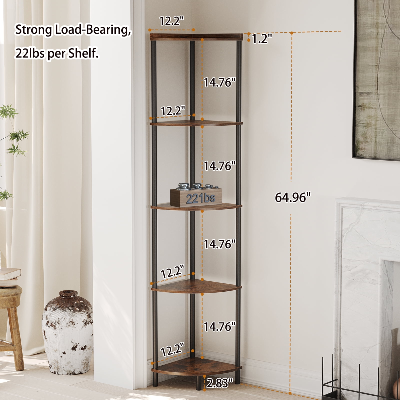 SUNMORY 65" Corner Shelf Stand, 5-Tier Industrial Corner Shelves, Wall Corner Bookshelf, Display Shelf Tall Shelf Plant Stand for Bedroom, Bathroom, Living Room, Corridor