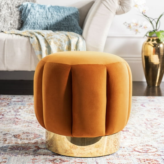 SAFAVIEH Couture Maxine Channel Modern Glam Tufted Ottoman, Sienna/Brass