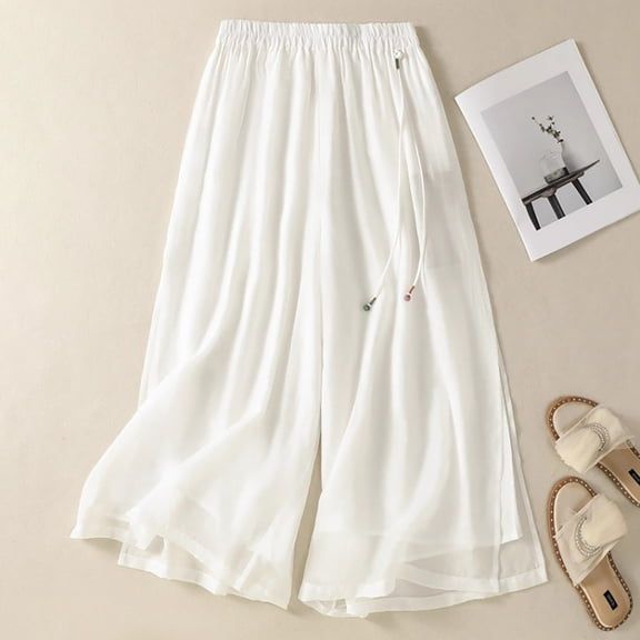 Endives Womens Double-layer Linen Pant Breathable Thin Wide Leg Pants Elastic Waist Solid Color Split Casual Loose Pants Summer M-4XL White