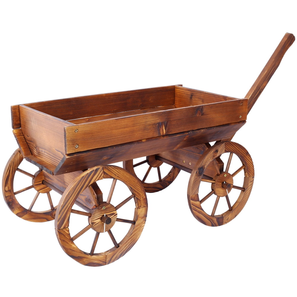 Rustic Wood Wagon Planter with Wheels - Mobile Flower Pot Stand for Garden, Patio & Outdoor Decor, Easy-Rolling Plant Cart