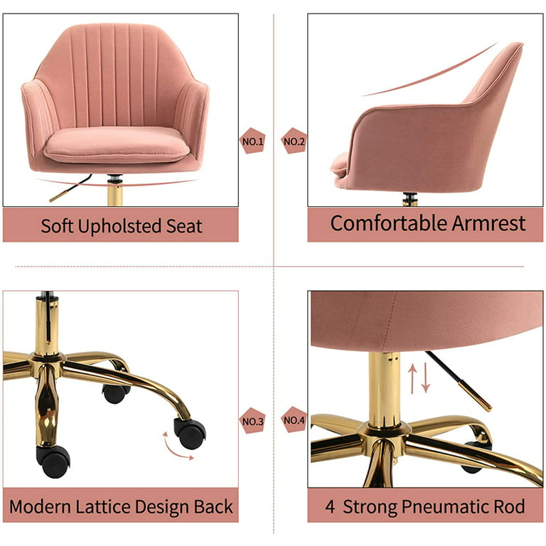 AVAWING Desk Chairs with Wheels, Home Office Chair Mid-Back Velvet Office  Chair Adjustable Cute Chair with Side Arms and Gold Metal Base for Living  Room, Bedroom, Home Office, and Vanity Room (Pink) 