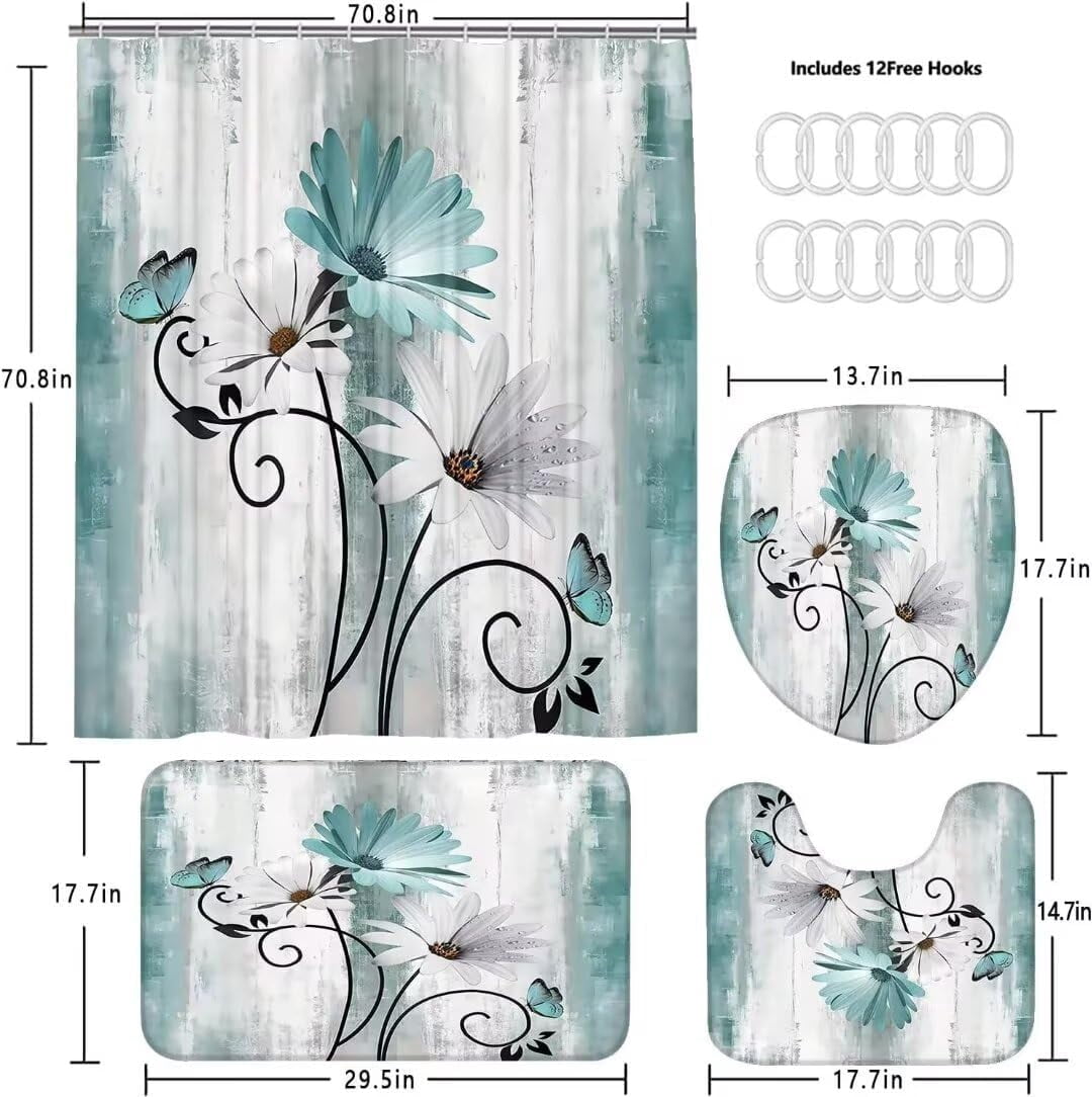 4PCS Teal Daisy Country Farmhouse Shower Curtain Set with Shower Curtain and Carpet and Accessories, Waterproof Bathroom Shower Curtain Decorative Set with 12 pcs Hooks,71 x 71in