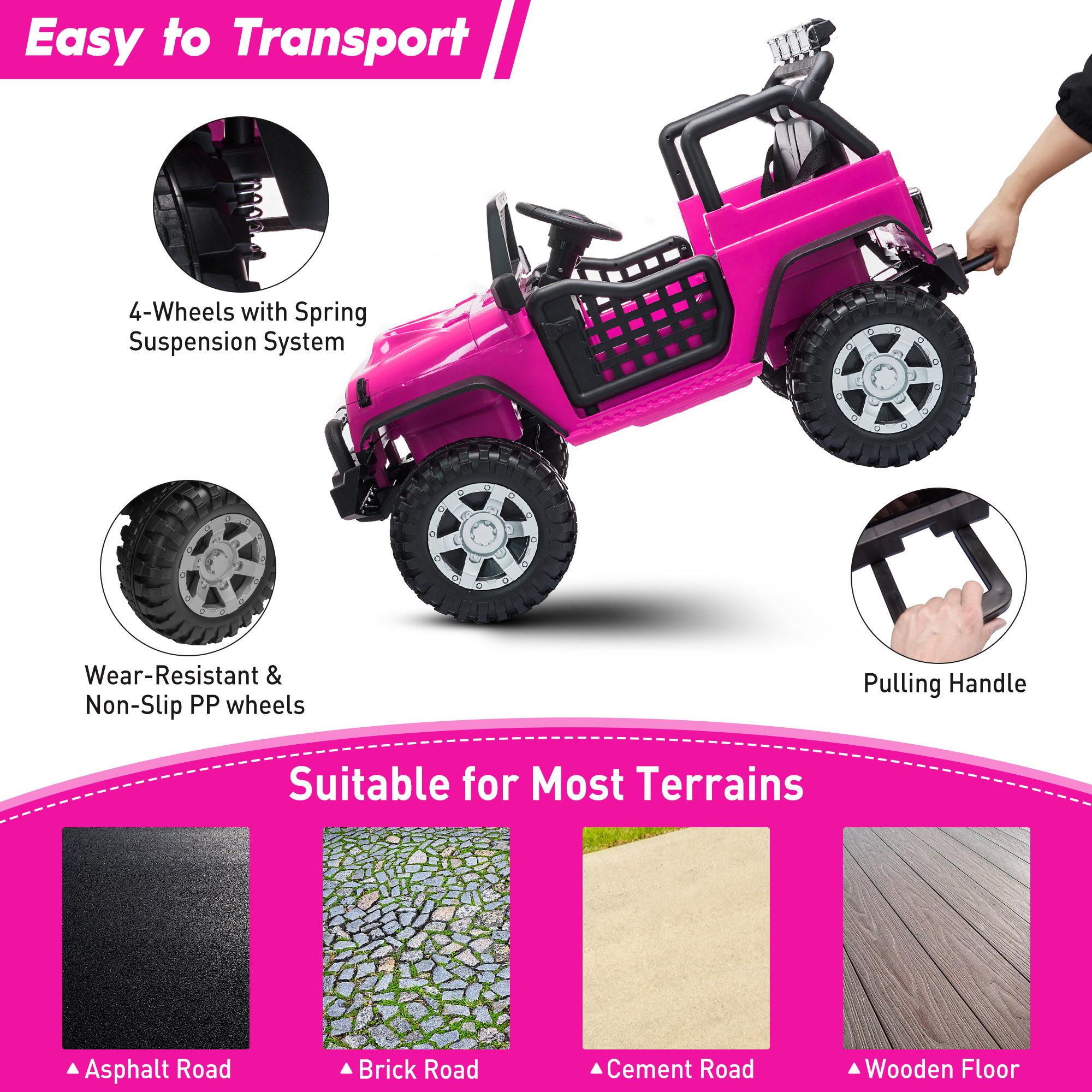 TOBBI 12V Kids Ride on Car, Jeep Car with Remote Control, LED Lights, Music, Horn, Bluetooth, Spring Suspension, Rocking, Rose Red
