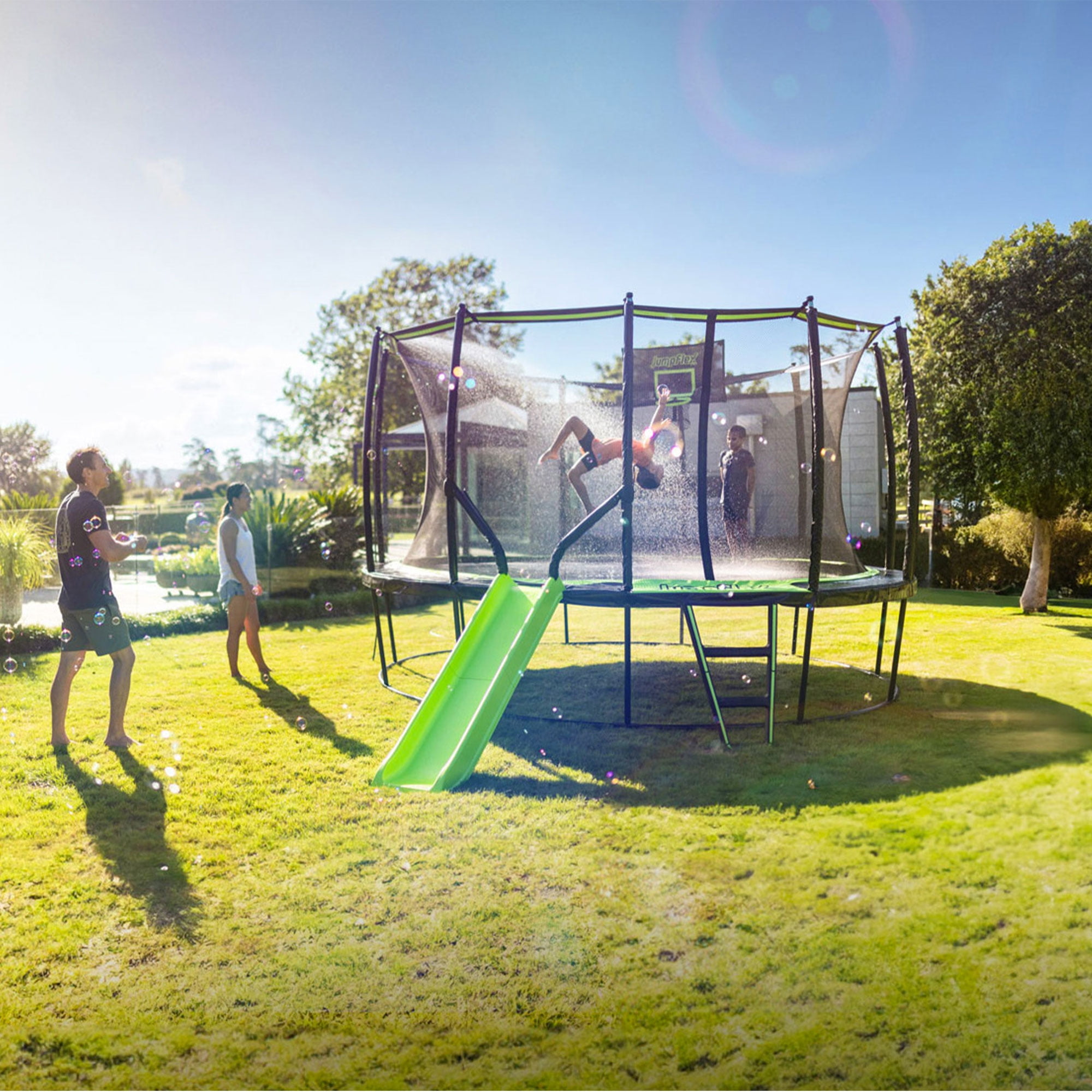 JumpFlex HERO 15' Round Trampoline with Safety Net Enclosure & Net Attachment, Black/Green