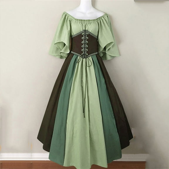 Sentmoon Vintage Medieval Vintage Princess Dress Short Sleeve Crew Neck Fall Dresses for Women 2024 Cosplay Fashion Midi Dresses,Loose Flowy Stylish Women Clothing Green XXXXL D