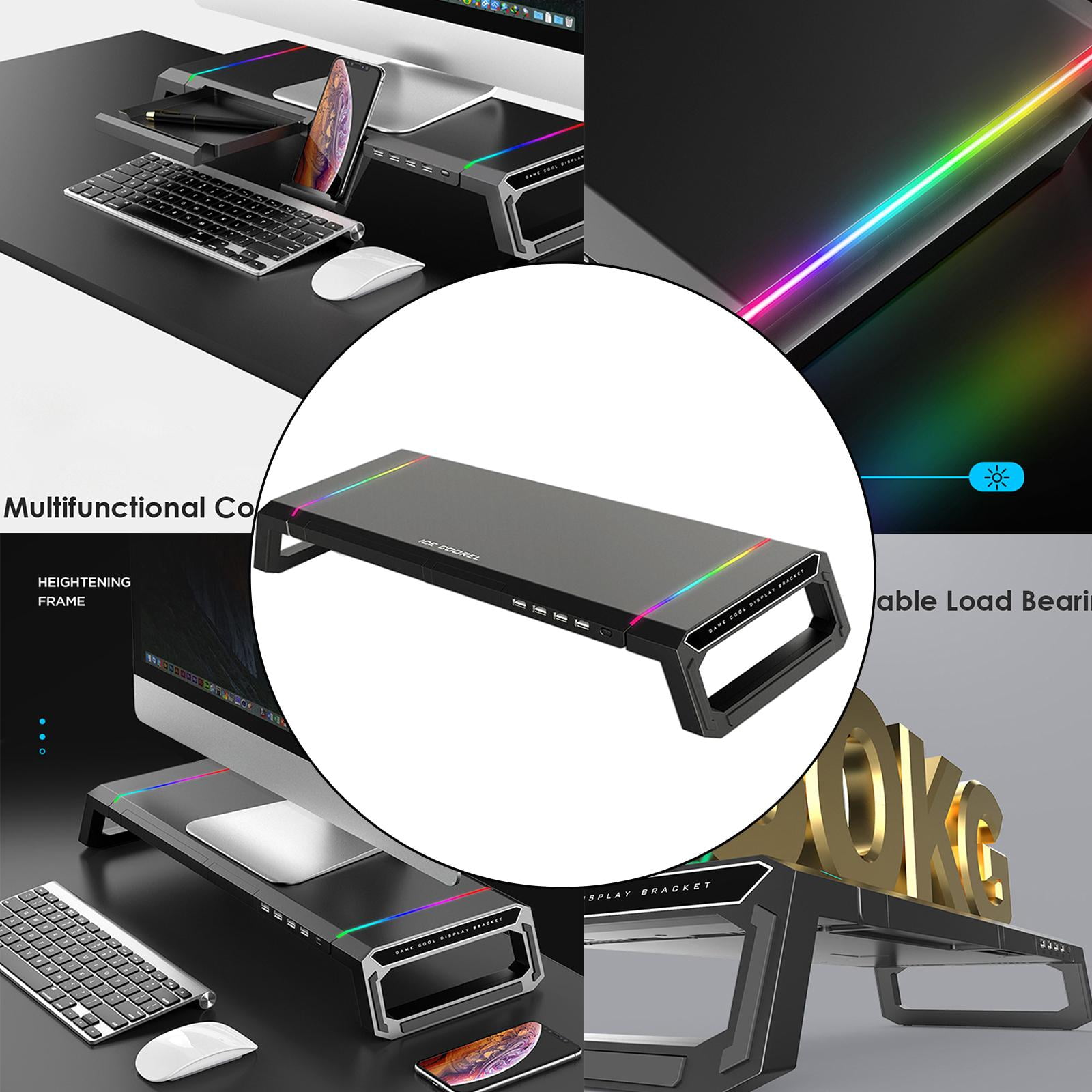 Laptop Computer Monitor Stand Riser Holder RGB 4 USB Hub Data Transfer Support Charging Black