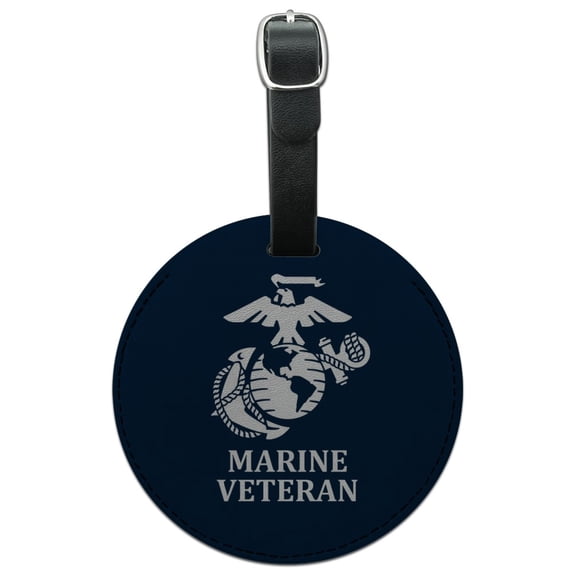 Marine Veteran USMC White on Blue Officially Licensed Round Leather Luggage Card Suitcase Carry-On ID Tag