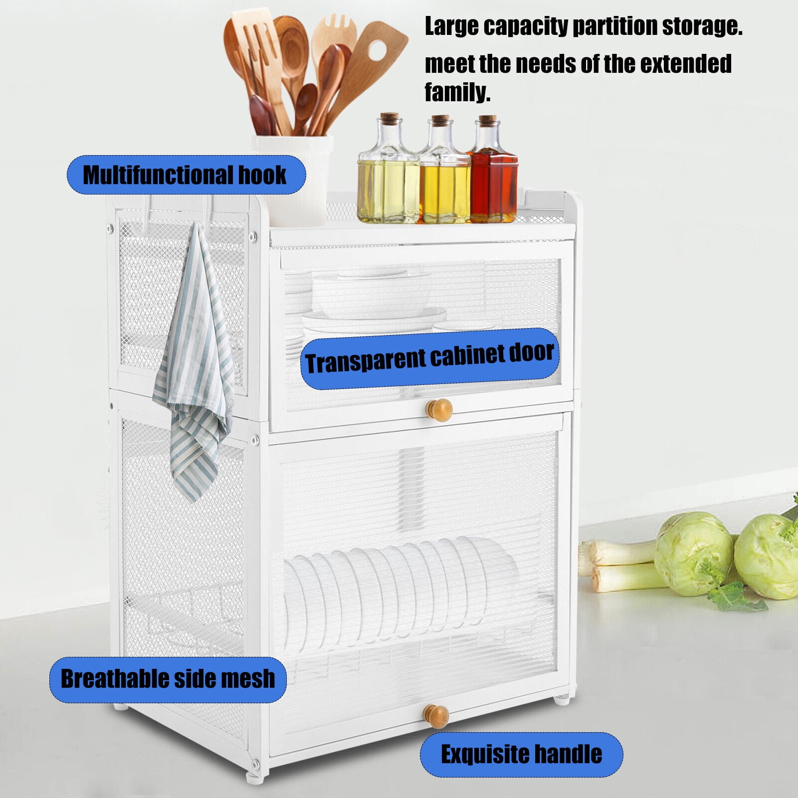 3-Tier Dish Drying Rack with Pull-Out Drain Tray – Durable Carbon Steel Kitchen Organizer with Flip Door and Hooks for Plates, Bowls, and Utensils