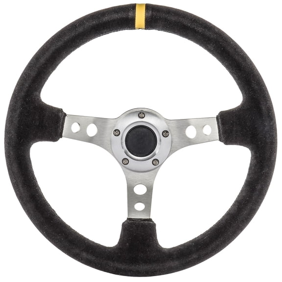 JEGS Aluminum Racing Steering Wheel, 13 1/2 in. Diameter, 3 in. Dish [Black Suede Full Wrap Grip with Yellow Center Marker]