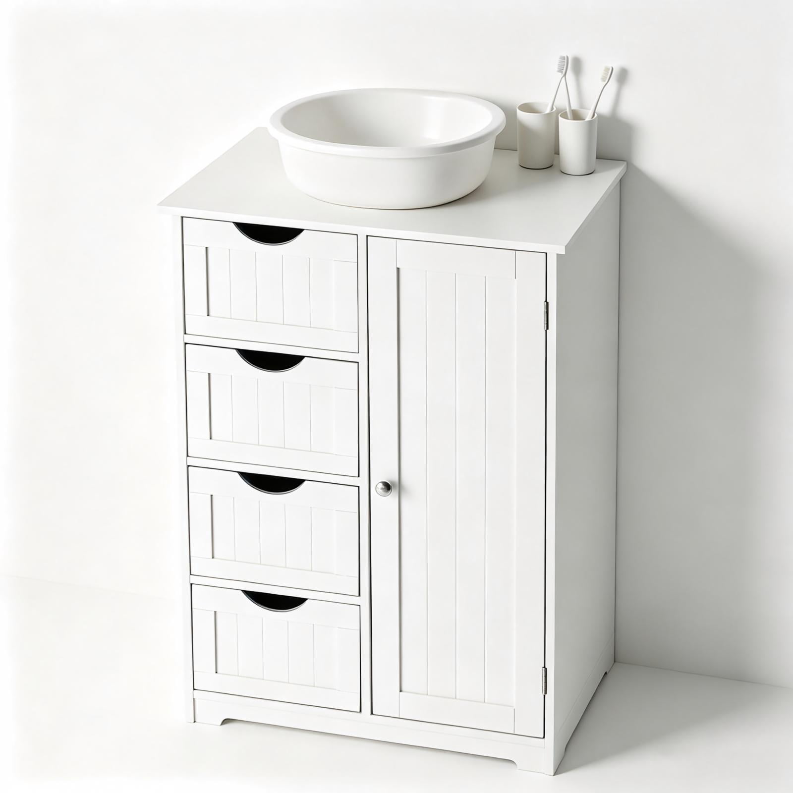 Bathroom Storage Cabinet with 4 Drawers and Single Door, MDF Freestanding Floor Cabinet, Space-Saving Organizer for Bathroom or Any Room