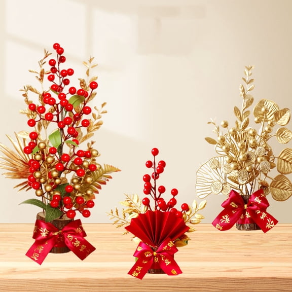 Berry Branches Feng Shui Bonsai Chinese Money Tree Decorative Branches Table Decoration for Chinese New Year Decoration Living Room New Year Eve Table, 7.9in[Red]