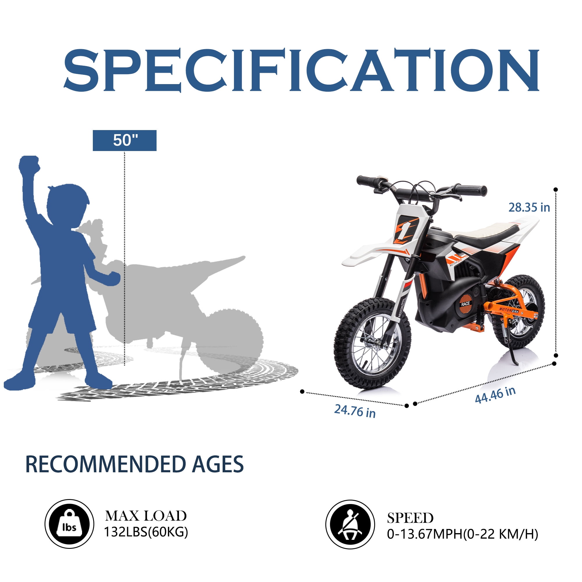 JoyWheels 24V Electric Dirt Bike for Kids,250W Ride on Toy Motorcycle,Ages 13 Years+,13mph,White