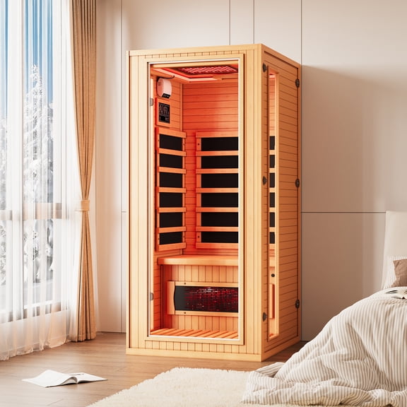 BUPPLEE 1-Person Infrared Sauna with Red Light Therapy, Hemlock Indoor Home Sauna with Tempered Glass Door, LED Lighting & Bluetooth Speaker