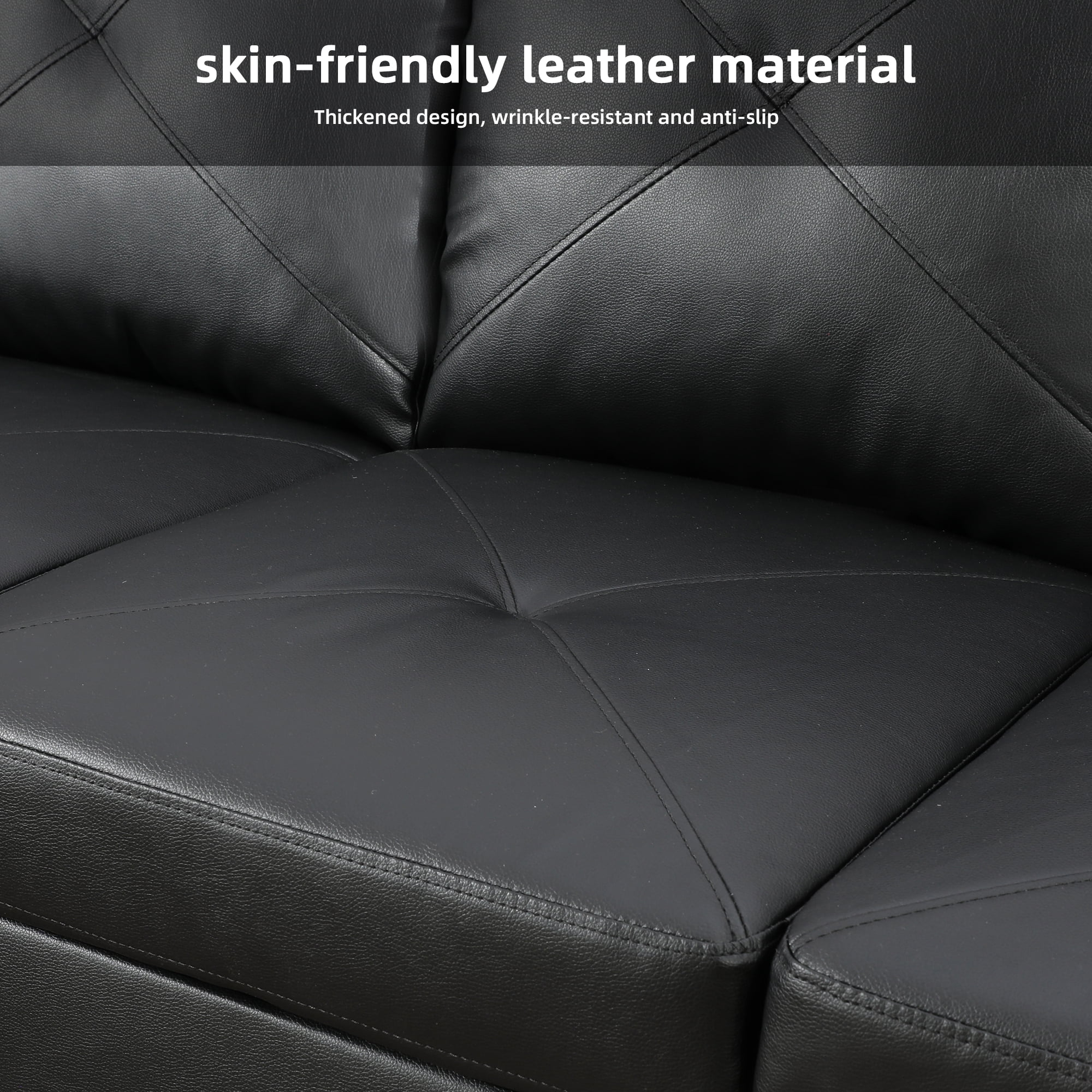 MAYEERTY 97" Faux Leather Sectional Couches, 3-Piece Modular Sofa Set with Reversible Chaise & Storage Ottoman, Black (Right)