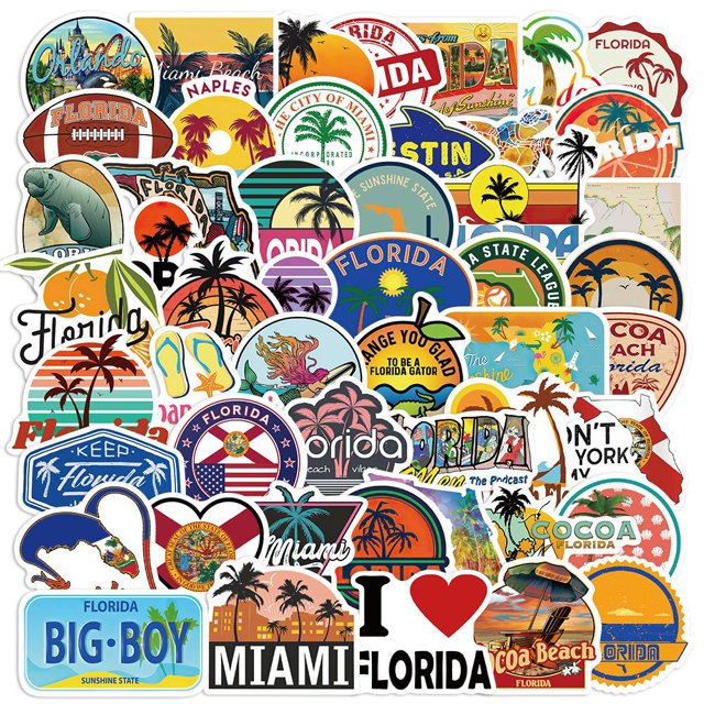 Paquete de 50 pegatinas de Florida, con mapa del estado, playa, impermeables