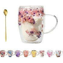 Double Glass Flower Tea Cup, Handcrafted, Elegant & Gift-Worthy, Flower Double Wall Glass Coffee Mugs, Clear Insulated Coffee Mugs with Handle for or Hot Cold Beverages, Cappuccino, Latte(C-350ml)