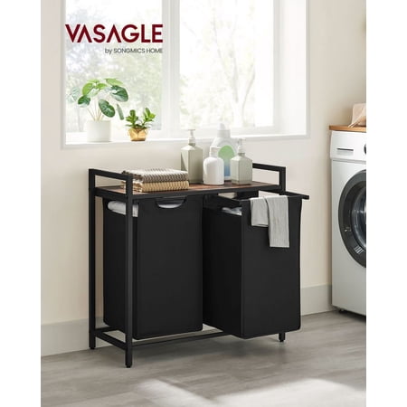 VASAGLE 2 Section Laundry Hamper with shelf Laundry Sorter with 2 Pull-Out and Removable Bags for Bathroom Laundry Room Rustic Brown and Black