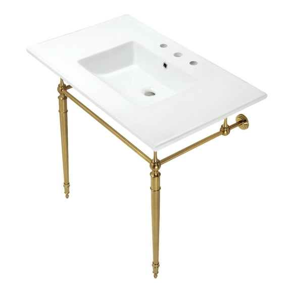 Kingston Brass KVPB37227W8BB Edwardian 37" Ceramic Console Sink with Brass Legs (8-Inch, 3-Hole), White/Brushed Brass