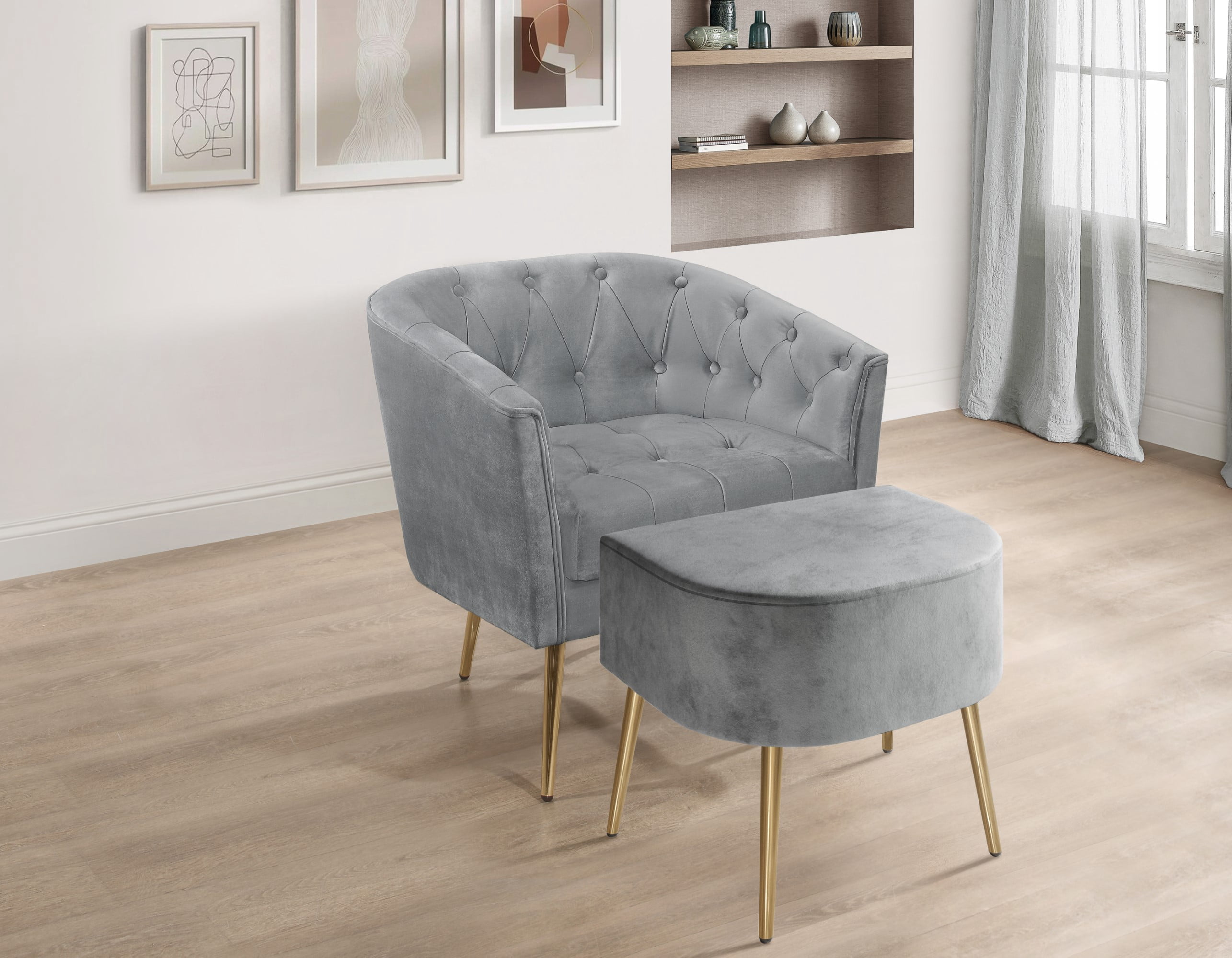 Home Design Cassy Tufted Velvet Flared Arm Chair with Ottoman Stool, Gold Metal Legs and Modern Accent Seating