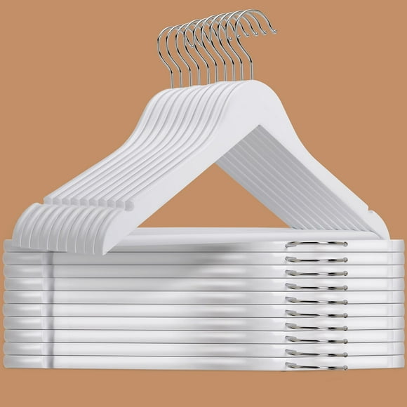 Perchas de madera Amber Home White, paquete de 30 con barra antideslizante para pantalones