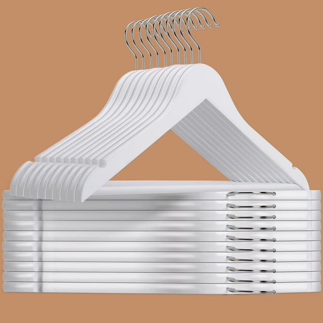 Perchas de madera Amber Home White, paquete de 30 con barra antideslizante para pantalones
