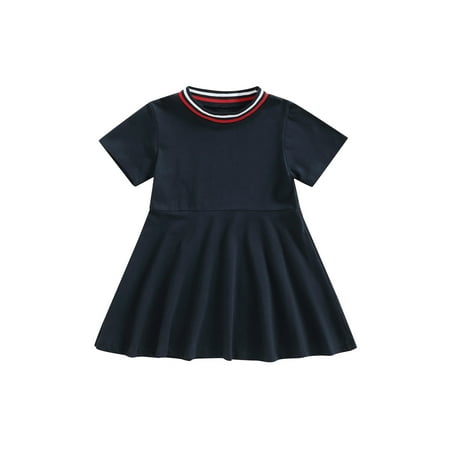 

Frobukio Kids Little Girls Short Sleeve Dress Round Collar Patchwork Neckline Summer Plain One-Piece A-Line Dress Navy Blue 5-6 Years