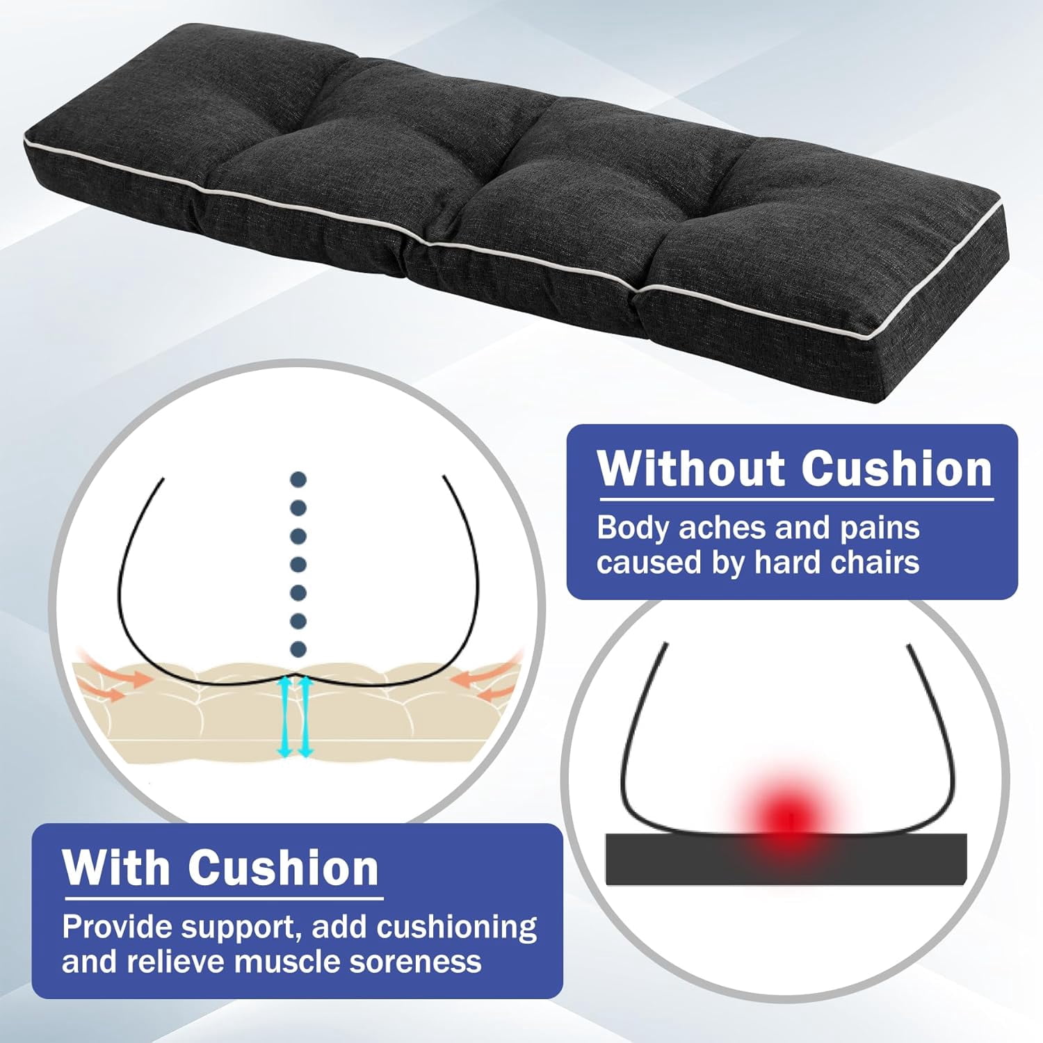 Bench Cushions for Outdoor Furniture, 42 x 16 Inch Outdoor Bench Cushion, Patio Bench Cushion with Durable Ties, Long Patio Seat Cushions for Garden, Indoor, Kitchen&Dining, Black