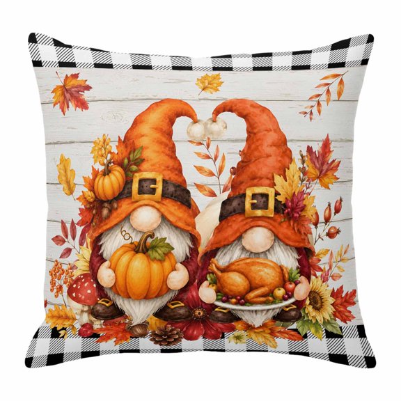 Throw Pillow Covers, Thanksgiving 24x24 Pillow Covers for Couch/Sofa/Bed, Fall Orange Gnomes Pumpkin Turkey Wooden Grid Decorative Square Linen Cushion Pillowcase for Home Decor