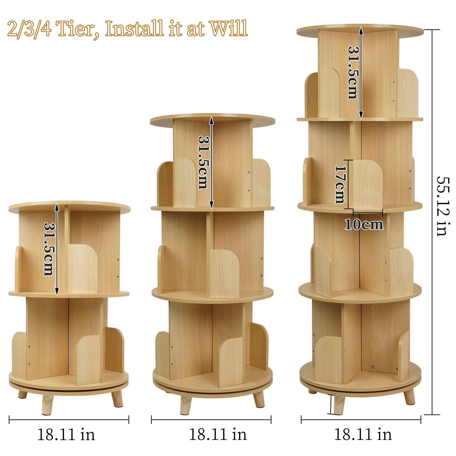 Uyoyous 360° Rotating Bookshelf, 4 Tier Wood Revolving Bookcase with 4 Legs, Corner Floor Standing Display Storage Book Organizer, for Living Room Study Office