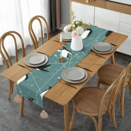 

Penguins Pattern Table Runner Imitation Linen Table Runner With Khaki Tassels For Party And Dining Room 14 x 60