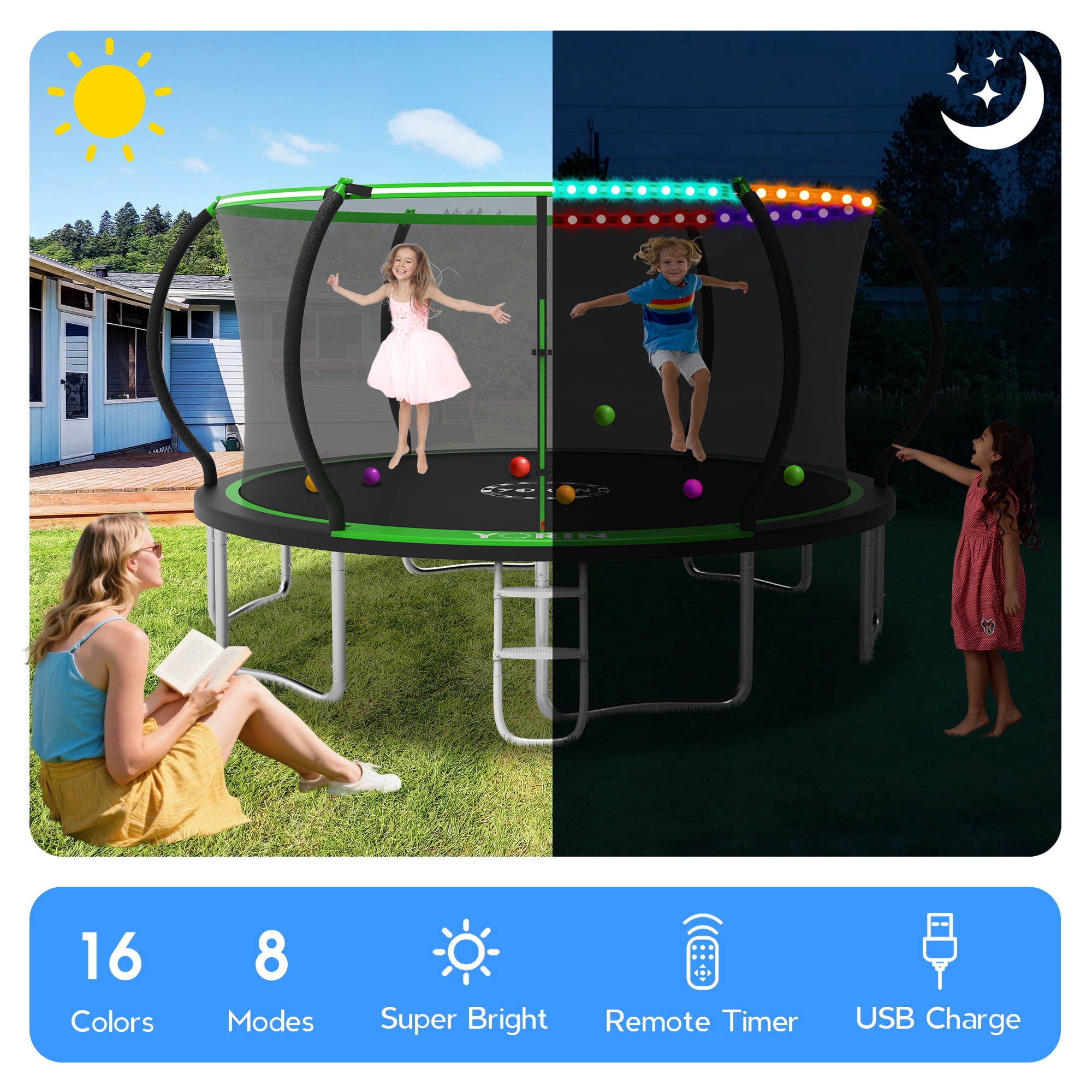 YORIN Trampoline for 8-9 Kids, 16 FT 14FT 10FT 12FT Trampoline for Adults with Enclosure Net, Ladder, Light, 1500LBS Weight Capacity Outdoor Round Recreational Trampoline, Heavy Duty Trampoline