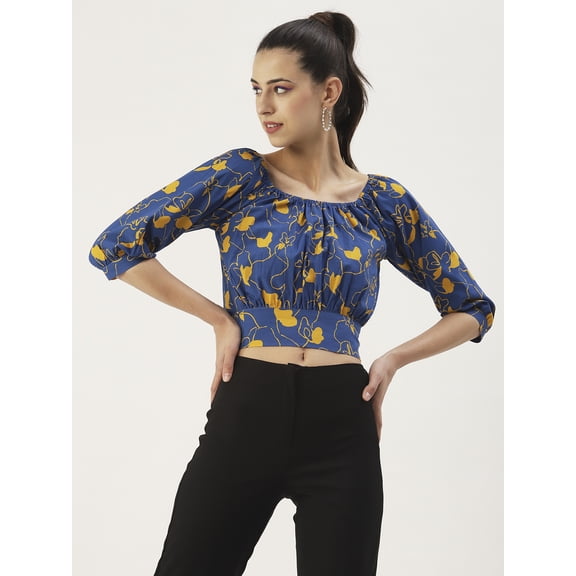 DressBerry Women's Printed Cotton Poplin 3/4th Sleeves Crop Top Round Elasticated Neck Partywear Back Ribbon Ties Casual Summer Wear Above Waist Regular Short Top