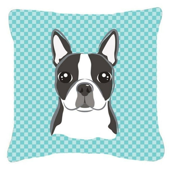 Checkerboard Blue Boston Terrier Fabric Decorative Pillow, 18 x 18 In.