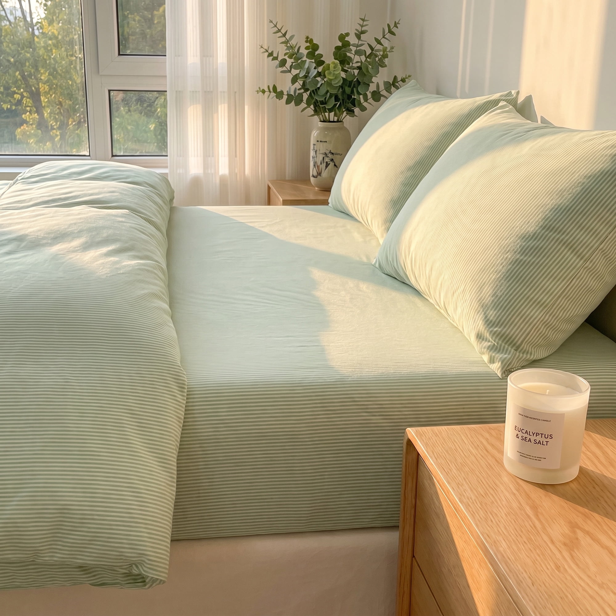 Unique Bargains Cotton Stripes Bed Sheets Cooling and Soft 59.1"x78.7" Pea Green