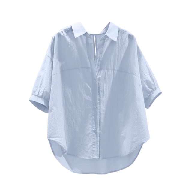 Timegard Summer Tops for Women Lapel Neck Button up Shirts Loose Solid Color Casual Lightweight Blouse