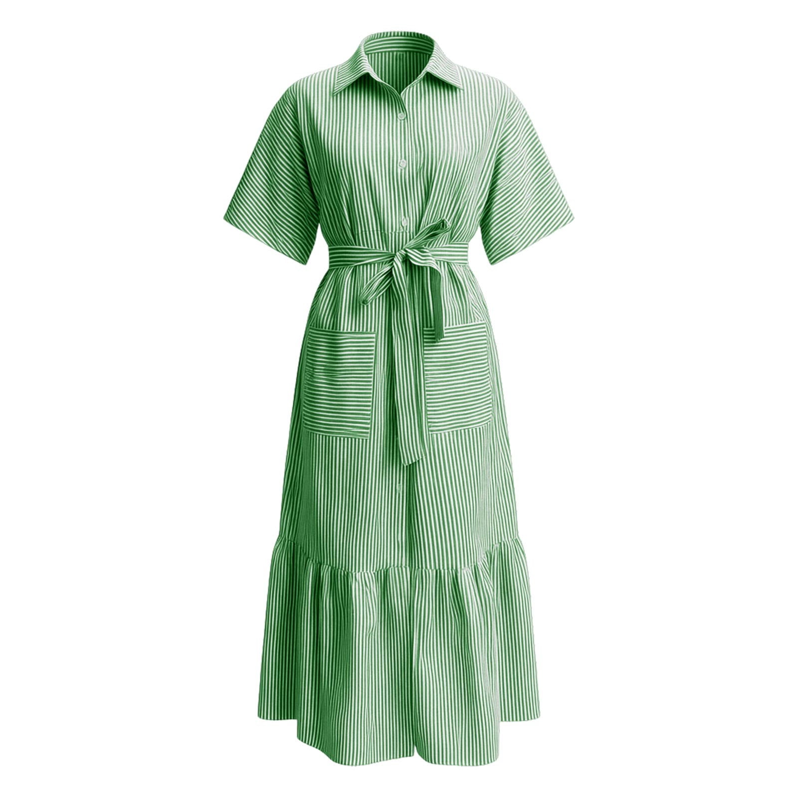 Jane Wardrobe Women's Casual Striped Short Sleeve Shirt Dress Loose Fit Midi Length Ruffled Hem Belted Waist With Pockets For Daily Brunch 1 Pc Sizes S M L XL XXL Pink Purple Blue Black Green Khaki