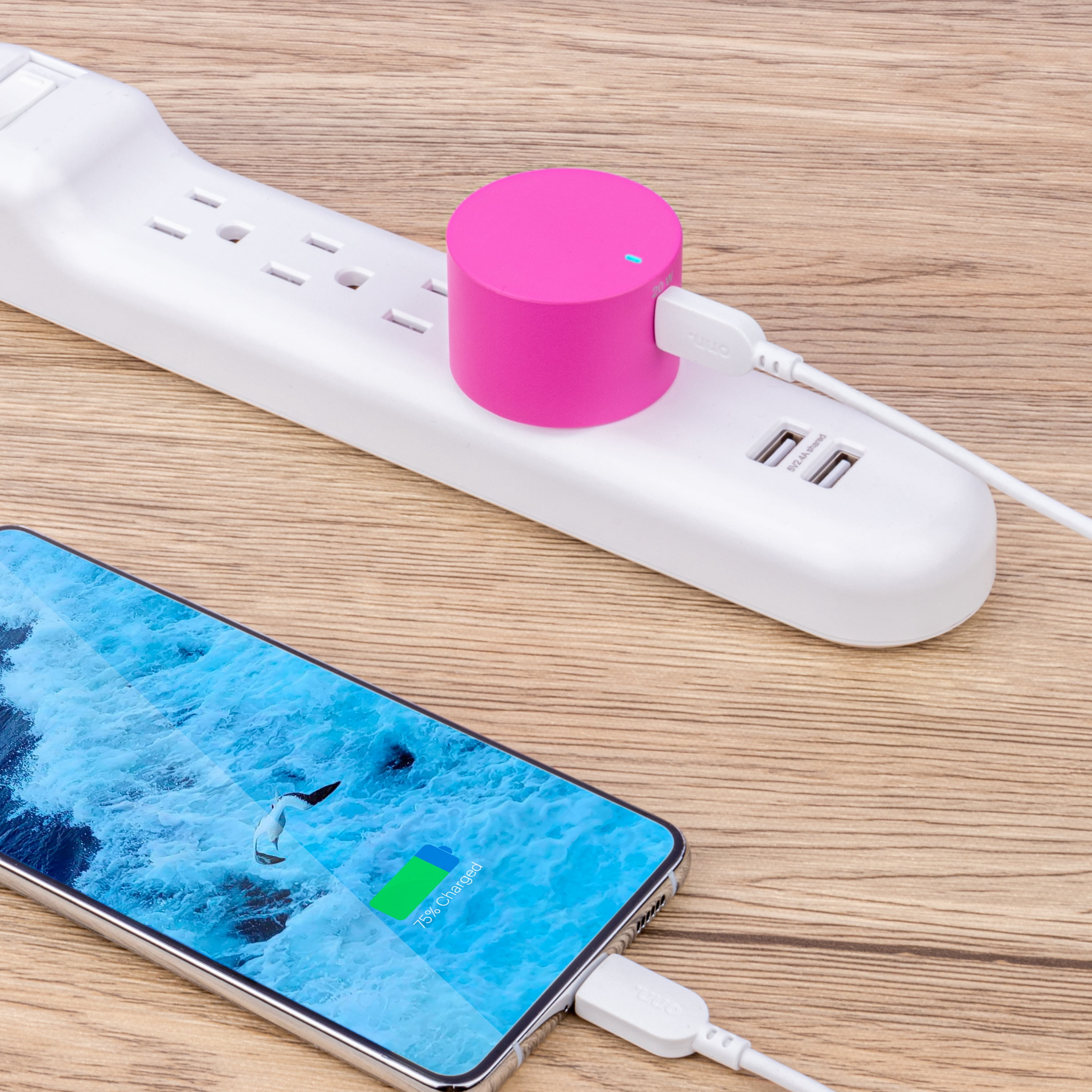 onn. 20W USB-C Wall Charger with Power Delivery, Pink, for iPhone models (13/12/11/SE/XS/XR/8 series), Samsung, Sony, and LG smartphone models, foldable plug for on the go.