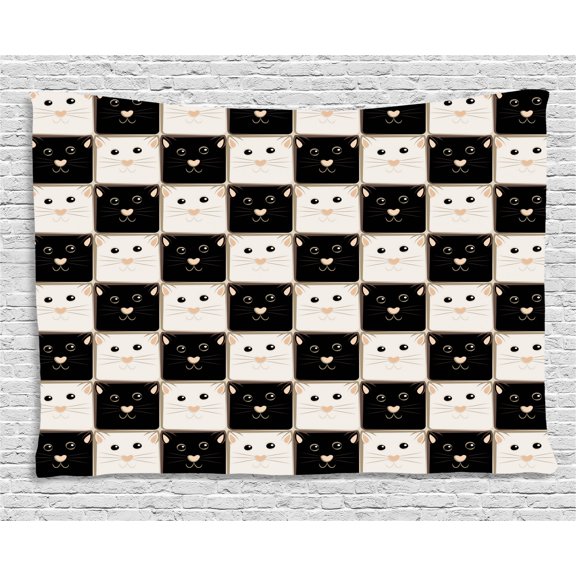Checkers Game Tapestry, Checkered Squares with Cute Cat Faces in Classic Game Board Pattern, Wall Hanging for Bedroom Living Room Dorm Decor, 60W X 40L Inches, Dark Brown Beige, by Ambesonne