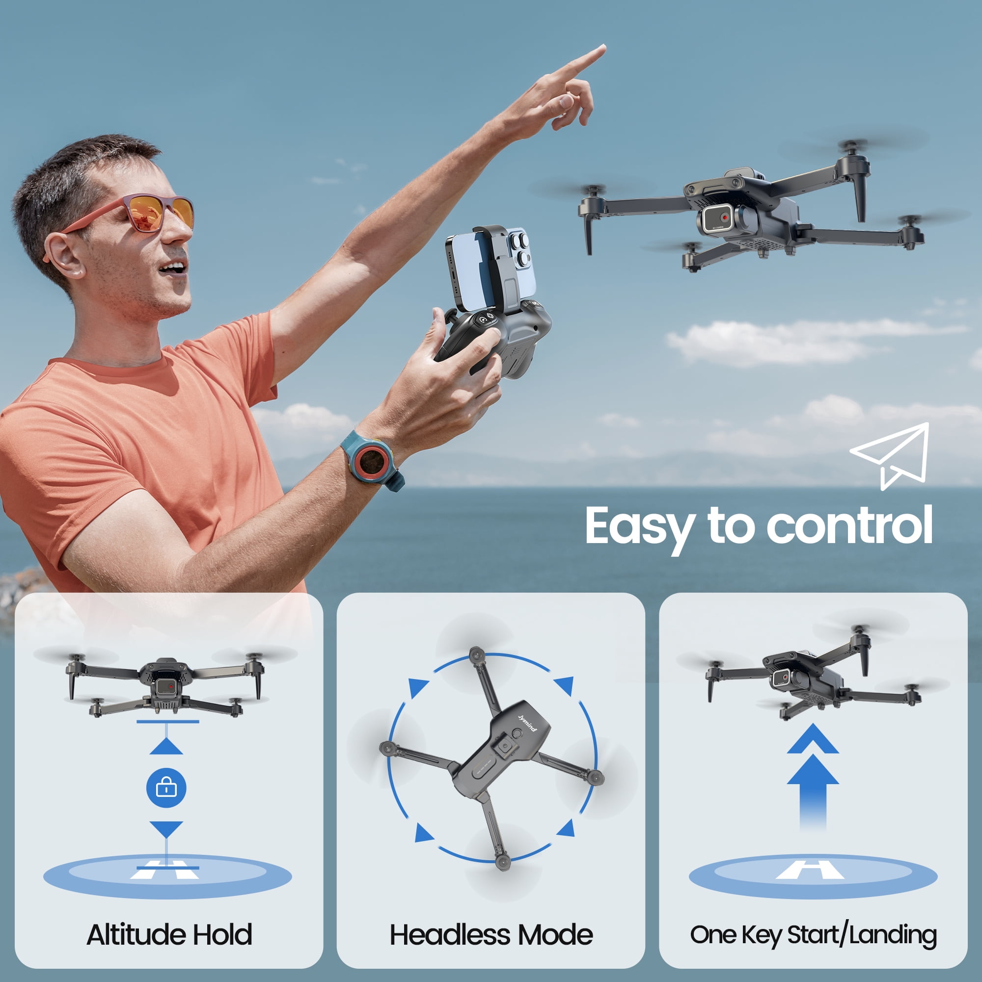 JY08 Drone with 4K HD Camera, Quadcopter RC, 3-Side Obstacle