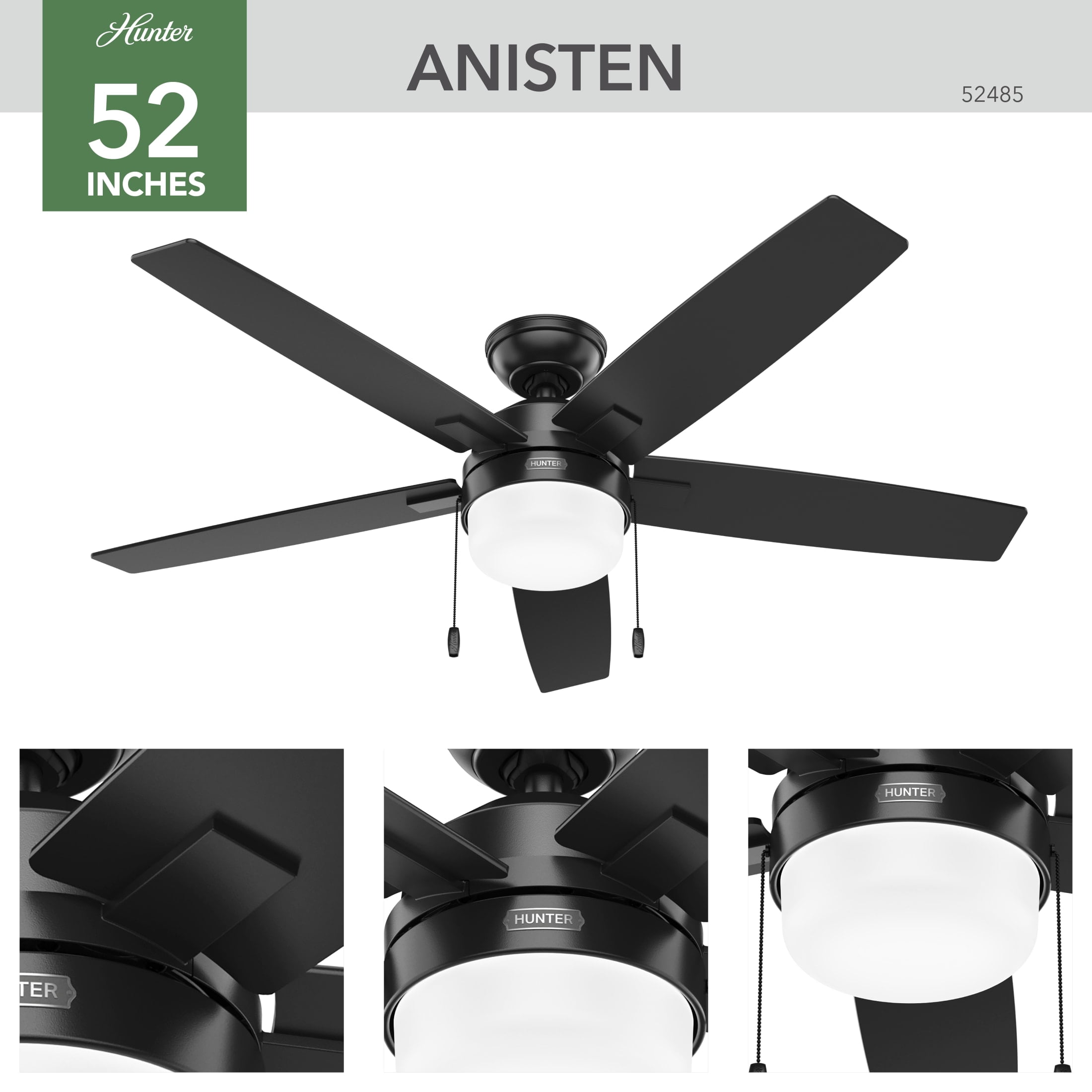 Hunter - Anisten Indoor Ceiling Fan With Light, 52-inch, Matte Black, Modern-style, 3-speed WhisperWind Motor, 52485, for Living Rooms, Bedrooms